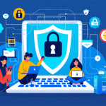 Create an image illustrating the key benefits of using a free VPN for online privacy. Show a diverse group of people using various devices, such as laptops, smartphones, and tablets, all connected to a secure network represented by a shield icon. Highlight features like encrypted data, anonymous browsing, and access to restricted content, using icons or visual cues. The background should suggest a digital environment with elements like global connectivity and privacy protection.