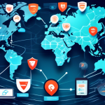 Create an image showcasing various VPN services represented as modern, sleek digital shields, each labeled with distinctive features like 'High Speed', 'Strong Encryption', 'No-Log Policy', and 'Multiple Device Support'. In the background, show a connected world map indicating secure global connections. The theme should be futuristic and tech-savvy, to illustrate choosing the best VPN service.