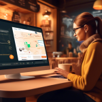 Create an image of a person using a laptop in a cozy, budget-friendly coffee shop. The screen shows various VPN options with price tags and security features highlighted. The café has a warm ambiance, and informational charts about VPN benefits and cost-savings are subtly visible in the background.