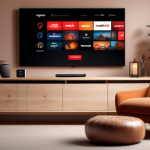 Create an image depicting a cozy living room with a modern TV setup, where a Firestick device is prominently plugged into the TV. Display a user interface screen showcasing various VPN services with logos like ExpressVPN, NordVPN, and CyberGhost, with a title at the top reading Top VPN Picks for 2023. The room should have a warm ambiance, with a comfy couch and some tech gadgets around to emphasize the tech-savvy environment.