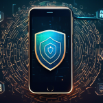 An iPhone surrounded by a shield made of digital code, illustrating robust security and privacy. The phone's screen displays icons of top VPN services, while a secure padlock symbol hovers above, emphasizing protection. The background features subtle elements like encrypted data streams and privacy icons to reinforce the theme.