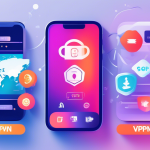 Create an illustration of an iPhone with the screen displaying five different VPN app icons, each labeled as a top free VPN for 2023. The background features a modern and sleek design with elements symbolizing security, privacy, and global internet access.