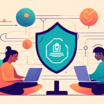 Create an image showing a person using a laptop in a cozy home setting, with a shield icon on the screen representing a secure connection. Include elements like a Wi-Fi symbol, a padlock, and upward trending graphs to symbolize privacy protection and data security. The background can have subtle illustrations of globe and connectivity symbols to indicate worldwide access.