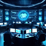 Create an image of a high-tech, futuristic control room with multiple computer screens displaying globe icons and secure network connections. Show a diverse group of professionals interacting with glowing holograms labeled with different VPN service names like NordVPN, ExpressVPN, and CyberGhost. Include elements like padlocks, shields, and encrypted data streams to emphasize cybersecurity and privacy.