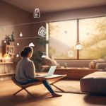 Create an image of a person sitting in a cozy, modern living room, using a laptop with a lock symbol on the screen. Surrounding the person are iconic symbols of privacy and security such as a shield, a padlock, and an eye with a line through it. The room has a calm, reassuring ambiance with some natural light coming through the window, suggesting peace of mind. The background subtly includes abstract elements like encrypted data and Wi-Fi signals, symbolizing internet connectivity and security.