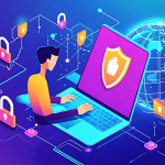 Create a detailed digital illustration showcasing a person using a laptop or smartphone with a shield icon representing VPN protection. Surround the user with abstract representations of data security, such as encrypted locks, and a globe to signify internet privacy. The background should subtly depict a network of connections to symbolize global online activity. The overall mood should be secure and reassuring, emphasizing online privacy benefits.