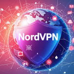 Create an image of a digitally rendered shield with the NordVPN logo, protecting a globe surrounded by symbols of online threats like hackers, malware, and surveillance cameras. The globe should have a network of interconnected lines representing the internet, showcasing NordVPN as a guardian of online privacy and security.