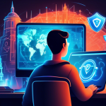 A high-resolution digital illustration of a person happily browsing the internet on a laptop, with a shield symbol glowing protectively around the computer screen. In the background, various iconic global landmarks suggest worldwide access, while padlocks and encrypted code float around, symbolizing security and privacy. A subtle, yet noticeable VPN Express logo is integrated into the scene, representing the service without overshadowing the overall artwork.