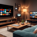 Create an image of a cozy living room with a television displaying a Firestick interface. The room should have a welcoming atmosphere with a comfortable sofa. On a coffee table in front of the sofa, place an open laptop showing various VPN logos. Incorporate digital elements like wireless signals or locks around the TV screen to symbolize online security. The overall ambiance should suggest a modern and secure technology setup.