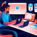 Create an illustration of a person using a laptop with a Chrome browser open, surrounded by digital icons representing secure connections, privacy shields, and various VPN logos. The scene is set in a comfortable, modern home office, highlighting the concept of exploring free VPN options for Chrome users. The color palette should be vibrant and tech-oriented, conveying a sense of security and accessibility.