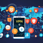 Create an image of an Android smartphone displaying icons of various VPN apps. The phone is surrounded by digital lock symbols, encryption graphics, and a globe representing global internet privacy. The background is a digital network mesh. Add a top banner that reads The Ultimate Guide to Choosing the Best VPN for Android Devices with elements emphasizing technology and security.