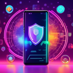 Create an image of a futuristic Android smartphone displaying a vibrant, secure digital shield icon, representing VPN protection. Surround the phone with floating logos of various free VPN services, each uniquely designed, to reflect a diverse range of options. The background should be abstract, with interconnected digital networks and a glowing earth hologram, symbolizing global internet access and security.