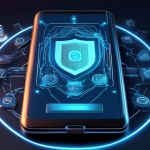 Create an image depicting a futuristic Android smartphone with a shield symbol on its screen, representing robust VPN protection. The surrounding environment should showcase elements of cybersecurity, such as padlocks and digital code streams. Include visual representations of global connectivity, such as digital network lines, to convey the idea of secure browsing and privacy. The year 2023 should be subtly incorporated into the design to reflect modernity and technological advancement.