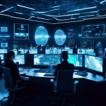 Create an image of a futuristic, high-tech control room with large glowing screens displaying various VPN service logos. The room is filled with sleek computers showing maps with encrypted data pathways, digital locks, and security symbols. In the center, a diverse team of experts is analyzing the data, representing a top-notch cyber security environment. The setting should be modern and advanced, emphasizing the concept of selecting the best VPN service in the year 2023.