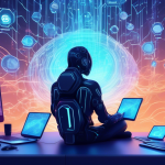 Create an image depicting a futuristic digital landscape where a serene individual is sitting comfortably, surrounded by layers of interconnected glowing locks and shields representing robust online security. The person is peacefully browsing the internet on multiple devices, with a visual representation of PureVPN enveloping them like a protective aura. Include elements like digital streams and binary codes subtly integrated in the background to emphasize advanced cybersecurity.