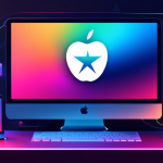 Create an image of a modern Apple MacBook with a vibrant desktop displaying various VPN service logos, like NordVPN, ExpressVPN, and Surfshark. The laptop is set on a sleek, minimalist desk setup with ambient lighting. Virtual connection lines encircle the laptop, symbolizing a secure and interconnected network environment. The artwork should convey a sense of digital security and cutting-edge technology in 2023.