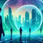 Create an illustration of a futuristic digital landscape, depicting a virtual city filled with data networks and servers. In the foreground, a person is confidently navigating the city while surrounded by a protective, glowing bubble symbolizing ultimate online privacy. The bubble has a subtle design of padlocks and encrypted symbols, and the entire scene is illuminated with hues of blue and green, emphasizing technology and security. This visual metaphorically represents the concept of choosing the best VPN for optimal digital privacy.