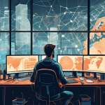 Create an illustration of a person sitting at a desk with multiple computer screens displaying abstract world maps, padlocks, and network diagrams. The office space is filled with detailed elements like VPN service logos, a cup of coffee, and a notepad with scribbled questions. Outside the window, a bustling cityscape represents global connectivity. The overall atmosphere should convey a sense of technical exploration and decision-making, reflecting the process of researching and choosing the right VPN service.