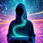 Create an image depicting a futuristic digital world where a person is seamlessly navigating the internet safely and anonymously. They are surrounded by vivid, flowing streams of encrypted data symbolizing privacy, with the PIA VPN logo subtly integrated into the scene. The setting feels secure and serene, emphasizing the confidence and peace of mind provided by using a reliable VPN for online privacy.