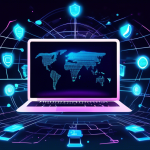 Create an illustration depicting a sleek, futuristic MacBook surrounded by glowing virtual shield icons, symbolizing security and privacy. The background should feature digital elements like flowing binary code and network connections, emphasizing the theme of VPN technology. Highlight popular VPN brands with subtle, abstract representations in a grid pattern around the MacBook screen, showcasing the variety and freedom of choices available to Mac users in 2023.