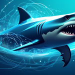 Create an image that depicts a futuristic, sleek shark swimming through digital currents in the ocean, symbolizing a safe and secure internet experience. The shark should have glowing cybernetic elements, illustrating its role as a VPN guardian. In the background, abstract representations of data and internet traffic flow smoothly, showcasing the benefits of secure browsing with Shark VPN.