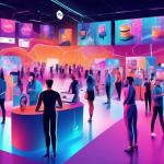 Create an image of a futuristic and digital-themed marketplace, bustling with various virtual booths offering Top VPN Deals for 2023. Each booth should represent a different VPN service, with vibrant digital signage displaying savings and discounts. In the foreground, highlight a group of diverse individuals eagerly browsing through the offers, all connected through a web of data streams symbolizing enhanced online privacy and security. The backdrop should feature a glowing, cybernetic cityscape, emphasizing the theme of online safety in a tech-driven future.