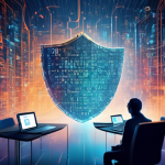 Create an image illustrating the concept of using a private VPN for secure internet browsing. The image should feature a person sitting at a computer, enveloped in a protective digital shield made of binary code and symbols representing privacy (like locks and keys). The background should depict a vibrant digital cityscape, highlighting the contrast between secure data (inside the shield) and the bustling, networked world outside. The overall tone should convey security, privacy, and technological advancement.