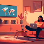 Create an illustration of a person comfortably sitting on a couch in a cozy living room setting, holding a remote control, with a large TV screen displaying various international Netflix content options. The scene should include a virtual private network (VPN) interface on a nearby laptop screen, showing a map with different countries highlighted. The background should be filled with subtle cultural symbols representing different countries worldwide, emphasizing the global reach of content access.