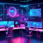 Create an image depicting a futuristic workspace with a high-tech computer setup showcasing a variety of VPN software interfaces on multiple screens. Include elements like holographic displays, digital security symbols, and a cyber-themed background to emphasize cutting-edge technology. The setting should be sleek and modern, highlighting the best VPN options for 2023.