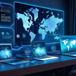 Create an image of a futuristic streaming setup in 2023 with various devices such as smart TVs, tablets, and laptops. Display a digital interface showcasing a world map with secure VPN connections highlighted. Include elements like virtual movie posters and streaming app icons glowing on the screens. Make the scene vibrant and high-tech, emphasizing the theme of privacy and unlimited access while streaming.