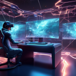 Create an image depicting a futuristic gaming setup where a player is immersed in a virtual world. The scene should illustrate the concept of a Gaming VPN enhancing the experience by showing transparent digital shields and seamless connections enveloping the player. Include elements like glowing network pathways, floating game icons around the player, and a visuals of low latency, like a smooth, uninterrupted data stream. Use vibrant colors to convey the excitement and enhancement aspect of gaming with VPN.